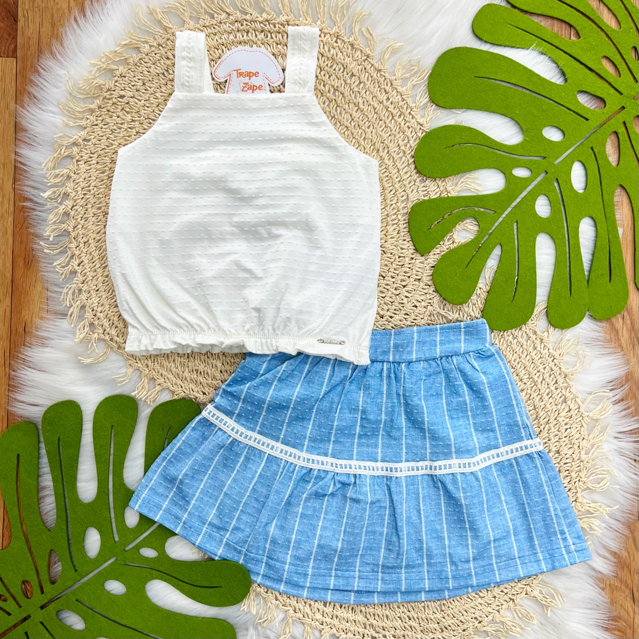 Conj. Regata Anabola e Short Saia Rendinha - Azul e Off White